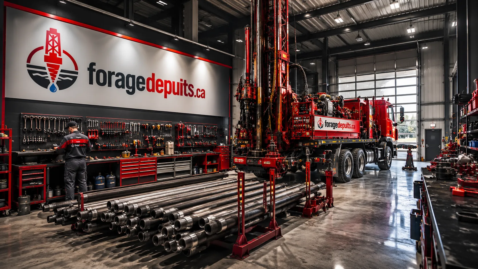 Atelier de forage avec foreuse sur camion et tiges de forage