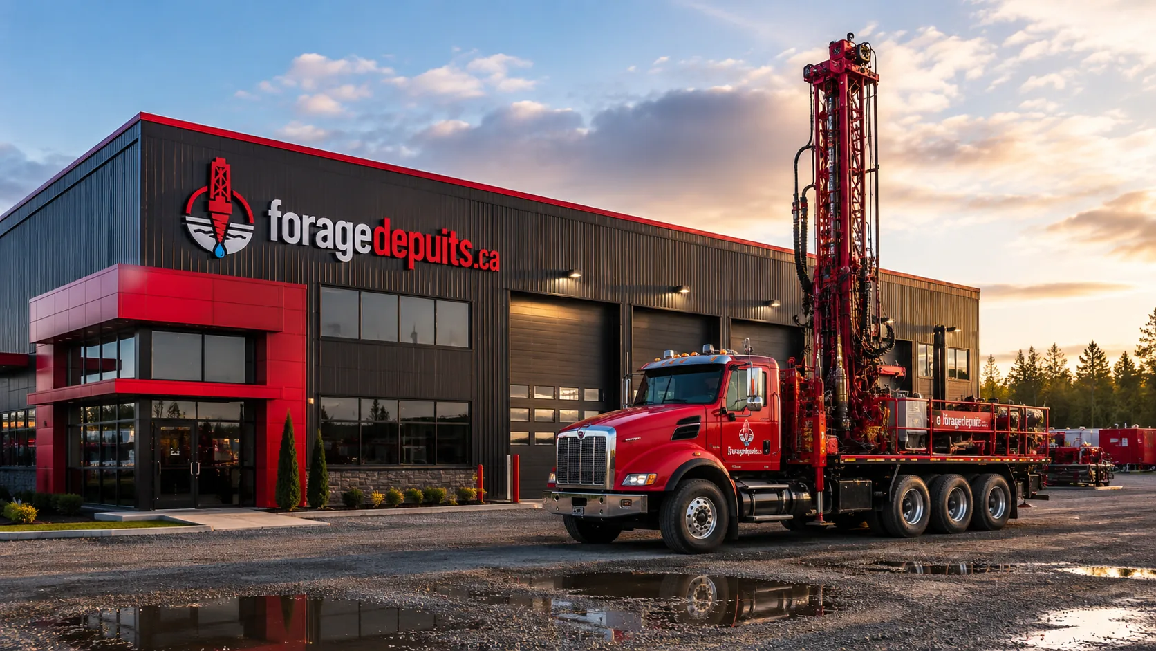 Camion-foreuse devant un bâtiment d'entreprise de forage de puits