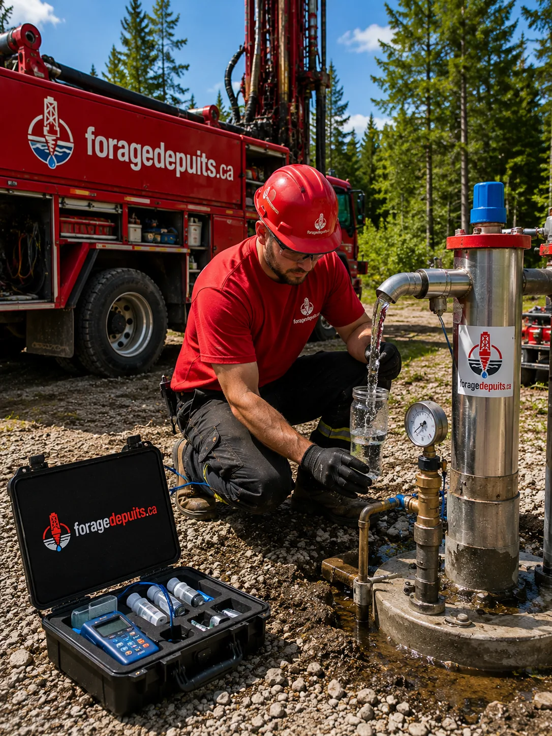Technicien prélevant un échantillon d'eau avec une trousse d'analyse