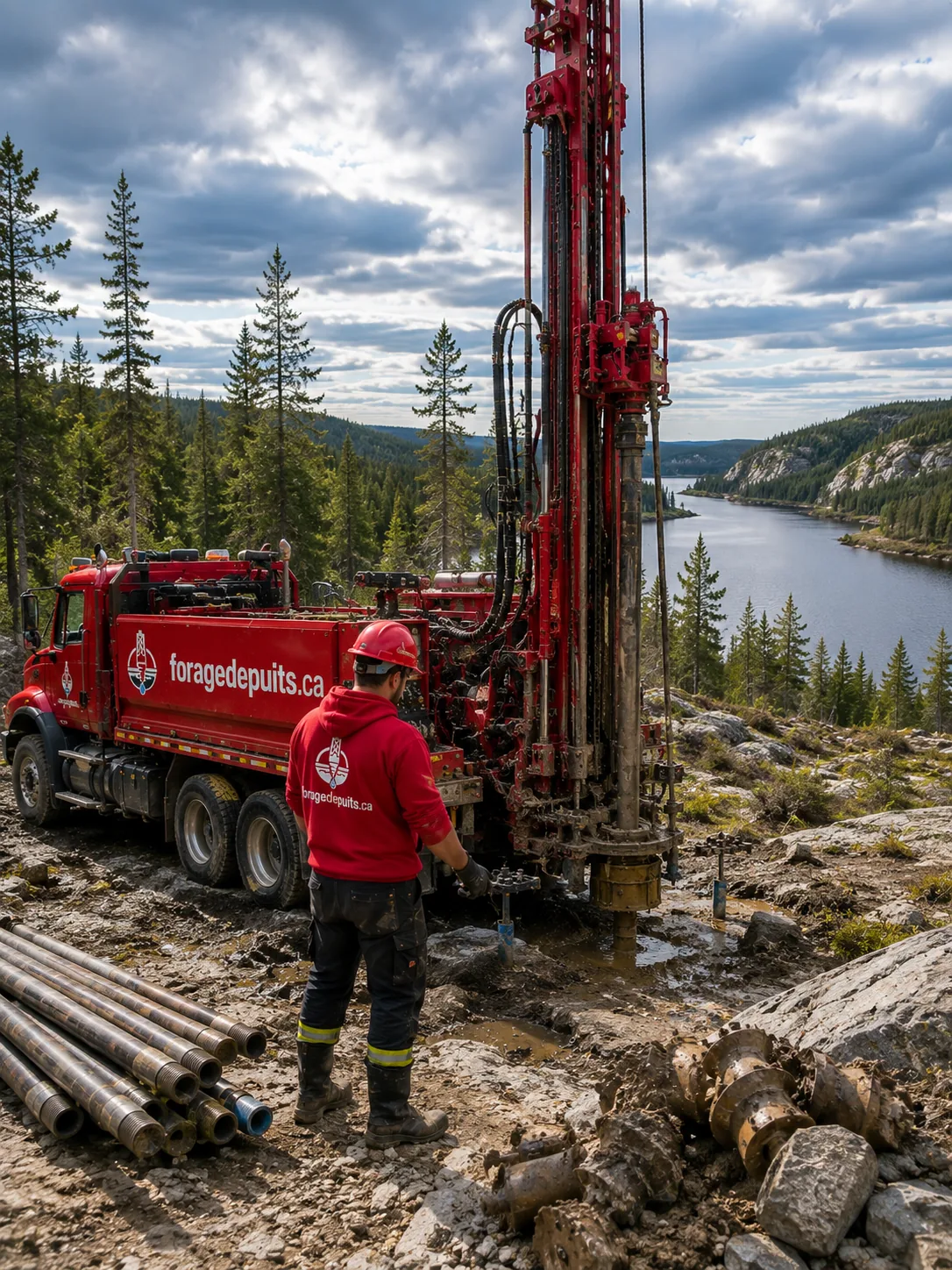 Foreuse sur terrain rocheux en forêt, devant un lac